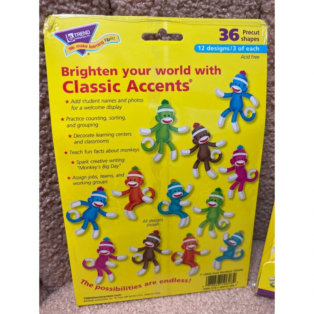 Trend Enterprises Sock Monkey Classic Accents Variety Pack 72 Pieces Set of 2